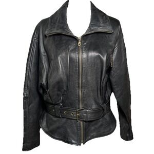 Vintage Avanti Womens L Black Leather Belted Moto Biker Bomber Biker‎ Jacket
